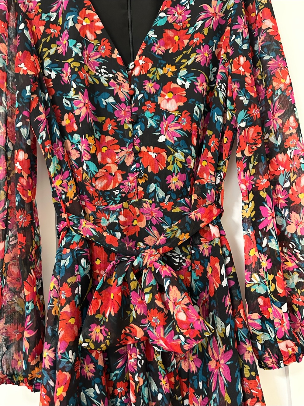 Chaus Black Floral High-Low Wrap Dress with Pink & Red Blooms - Picture 3 of 3